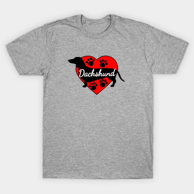 Dachshund Love Dog Paws And Red Hearts T-Shirt by Braznyc